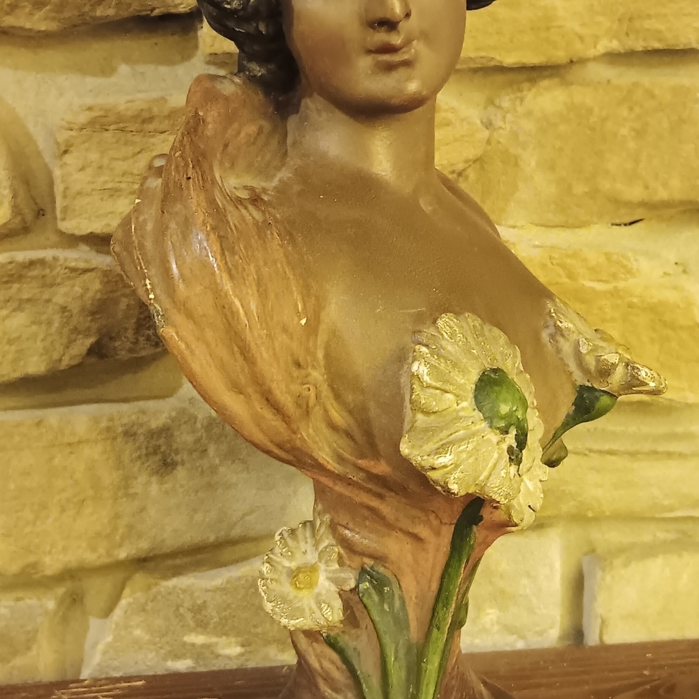 RARE Antique Female Bust, Art Nouveau Chalkware with Floral Motif signed, 550